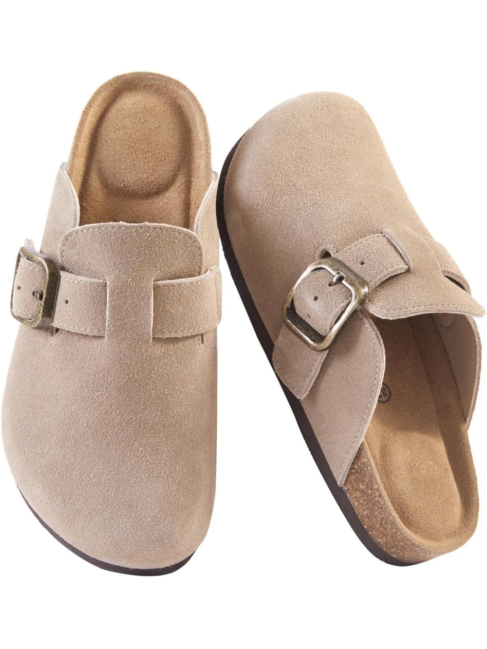🆕 Women Taupe Suede Clogs Mules Cork Footbed Slip On Buckle Strap Sandals
